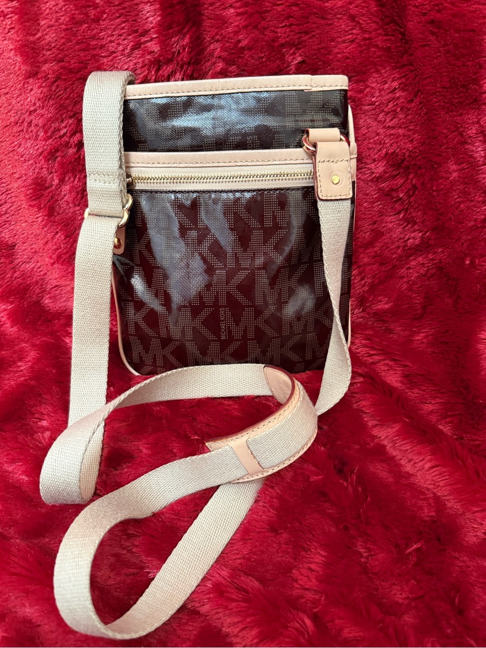 Michael Kors Brown MK Monogram Crossbody with Beige Strap